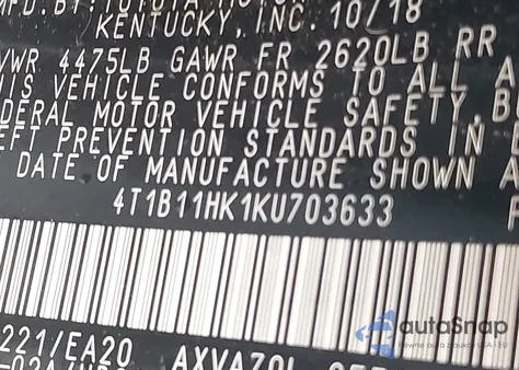 2019 Toyota Camry Se из США, поврежденный, VIN 4T1B11HK1KU703633